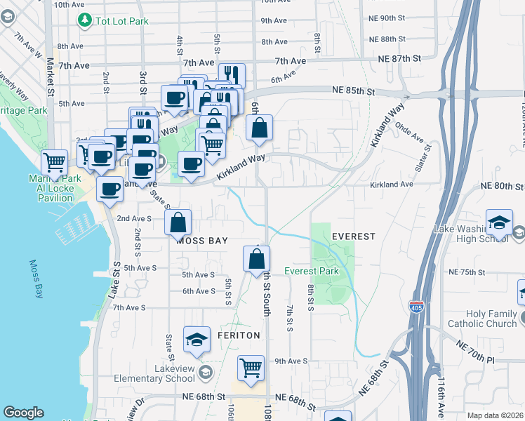 map of restaurants, bars, coffee shops, grocery stores, and more near 107 6th Street South in Kirkland