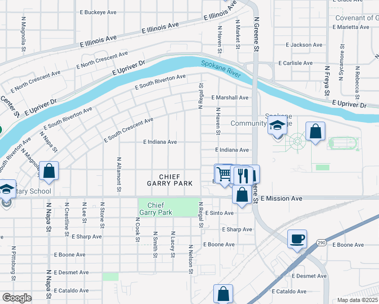 map of restaurants, bars, coffee shops, grocery stores, and more near 1734 North Nelson Street in Spokane