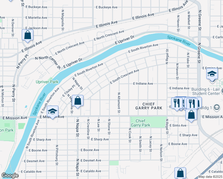 map of restaurants, bars, coffee shops, grocery stores, and more near 1734 North Stone Street in Spokane