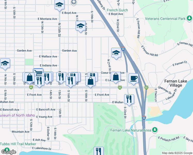 map of restaurants, bars, coffee shops, grocery stores, and more near 1917 East Lakeside Avenue in Coeur d'Alene