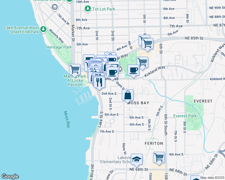 map of restaurants, bars, coffee shops, grocery stores, and more near 118 2nd Street South in Kirkland