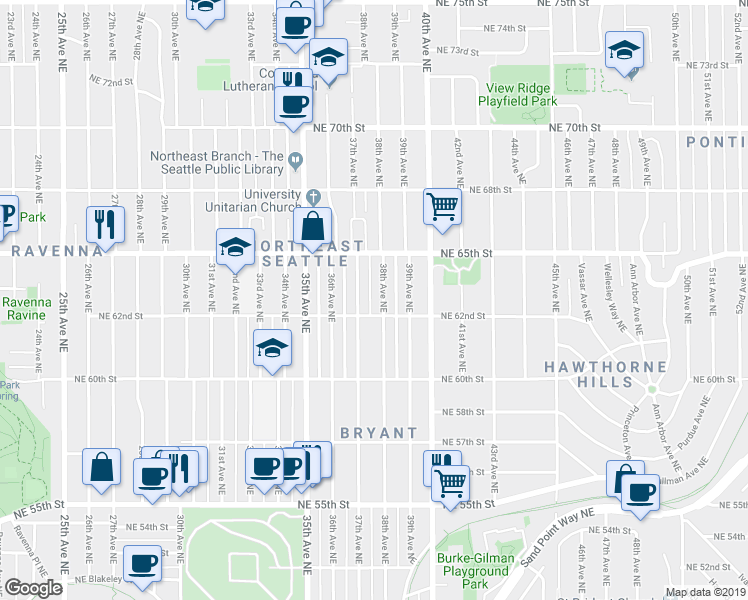 map of restaurants, bars, coffee shops, grocery stores, and more near 6215 38th Avenue Northeast in Seattle