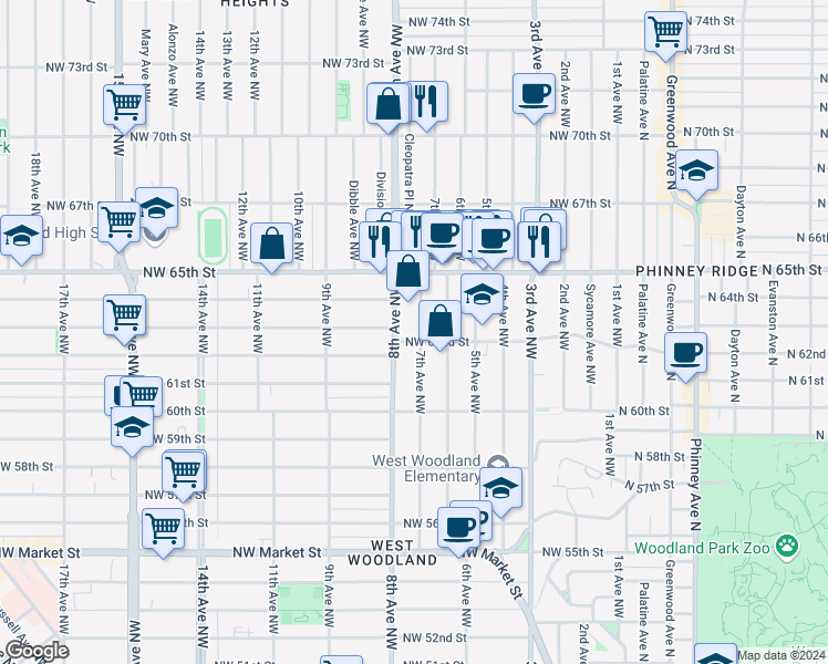 map of restaurants, bars, coffee shops, grocery stores, and more near 6207 7th Avenue Northwest in Seattle