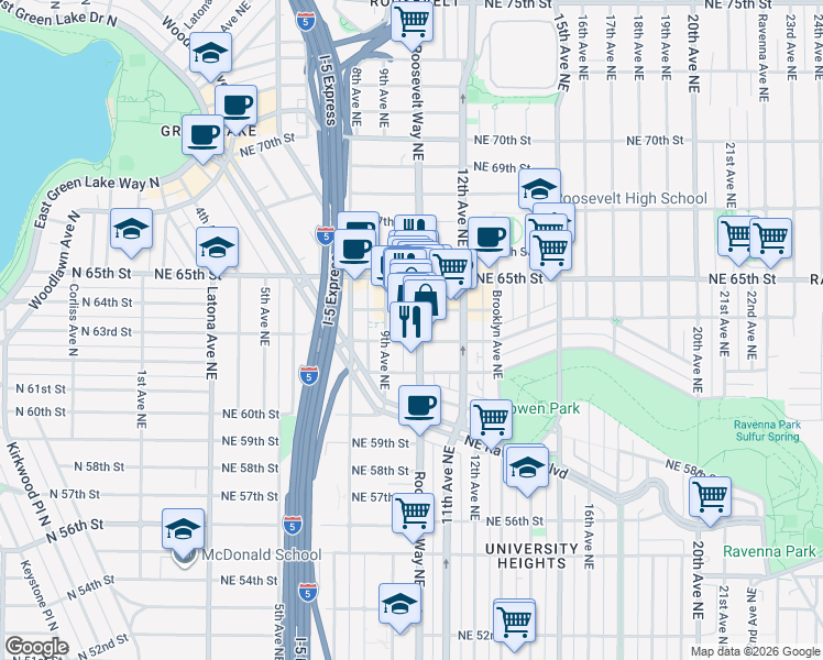 map of restaurants, bars, coffee shops, grocery stores, and more near 6307 Roosevelt Way Northeast in Seattle
