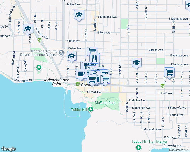 map of restaurants, bars, coffee shops, grocery stores, and more near 202 North 4th Street in Coeur d'Alene