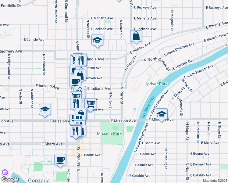 map of restaurants, bars, coffee shops, grocery stores, and more near 1208 East Indiana Avenue in Spokane