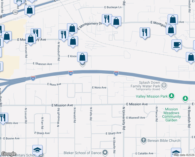 map of restaurants, bars, coffee shops, grocery stores, and more near 1825 North Balfour Road in Spokane Valley