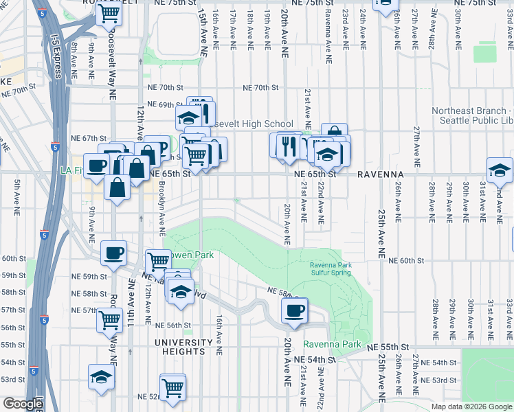 map of restaurants, bars, coffee shops, grocery stores, and more near 1732 NE Naomi Pl in Seattle