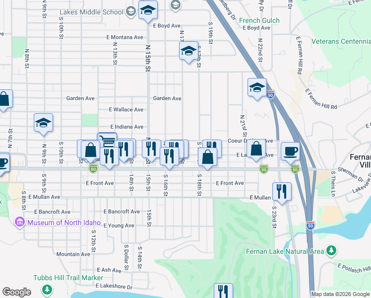 map of restaurants, bars, coffee shops, grocery stores, and more near 208 North 17th Street in Coeur d'Alene