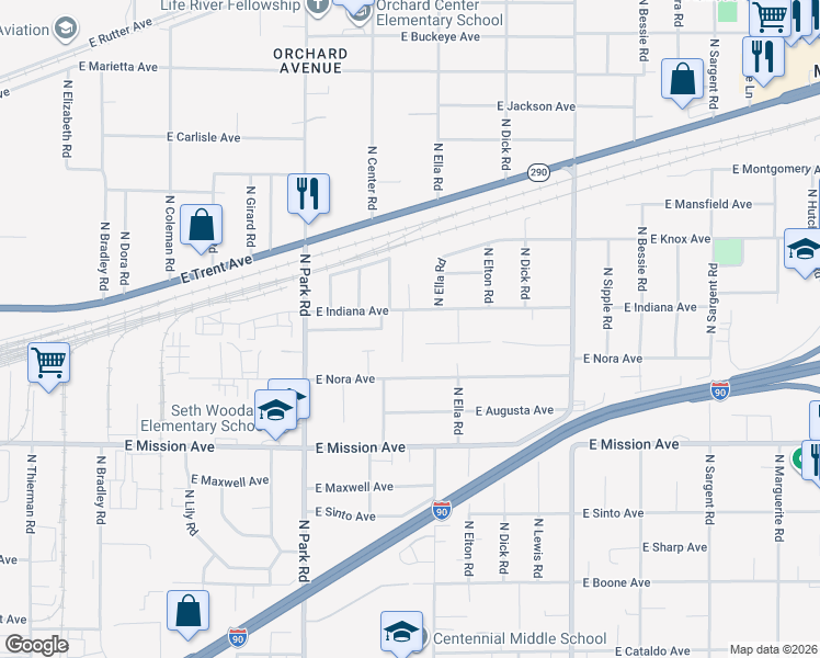 map of restaurants, bars, coffee shops, grocery stores, and more near 1910 North Ely Road in Spokane Valley
