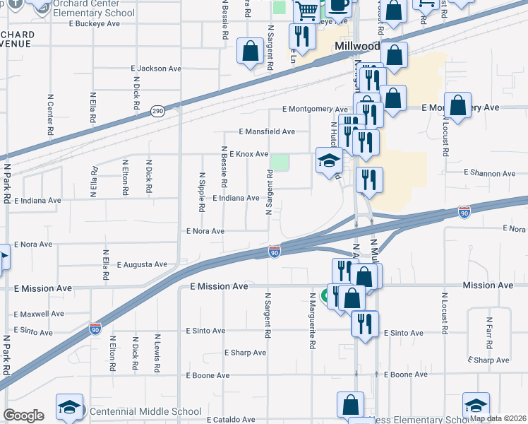 map of restaurants, bars, coffee shops, grocery stores, and more near 1913 North Sargent Road in Spokane Valley