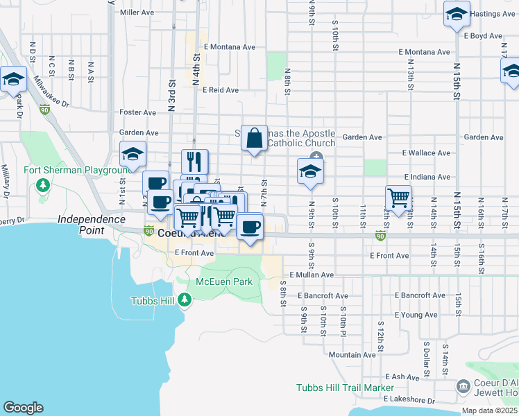 map of restaurants, bars, coffee shops, grocery stores, and more near 621 East Lakeside Avenue in Coeur d'Alene