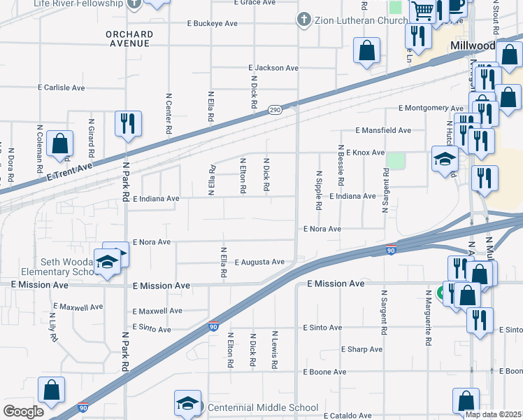 map of restaurants, bars, coffee shops, grocery stores, and more near 8101 East Baldwin Avenue in Spokane Valley