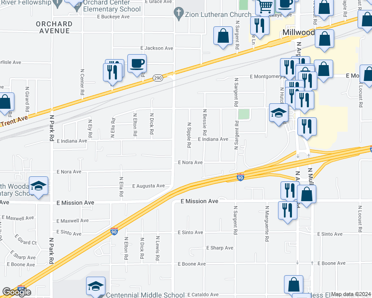 map of restaurants, bars, coffee shops, grocery stores, and more near 1913 North Sipple Road in Spokane Valley