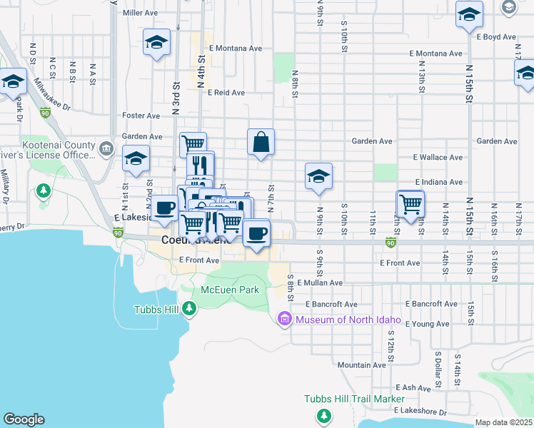 map of restaurants, bars, coffee shops, grocery stores, and more near 703 East Lakeside Avenue in Coeur d'Alene