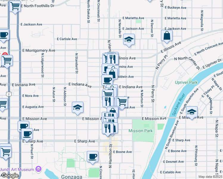map of restaurants, bars, coffee shops, grocery stores, and more near in Spokane