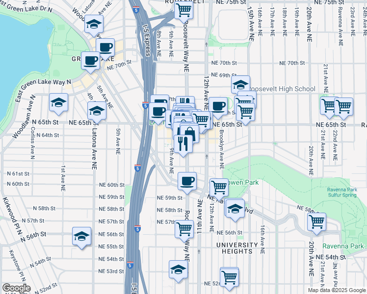 map of restaurants, bars, coffee shops, grocery stores, and more near 6307 Roosevelt Way Northeast in Seattle