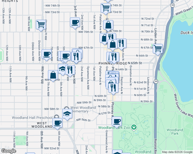 map of restaurants, bars, coffee shops, grocery stores, and more near 6215 Palatine Avenue North in Seattle