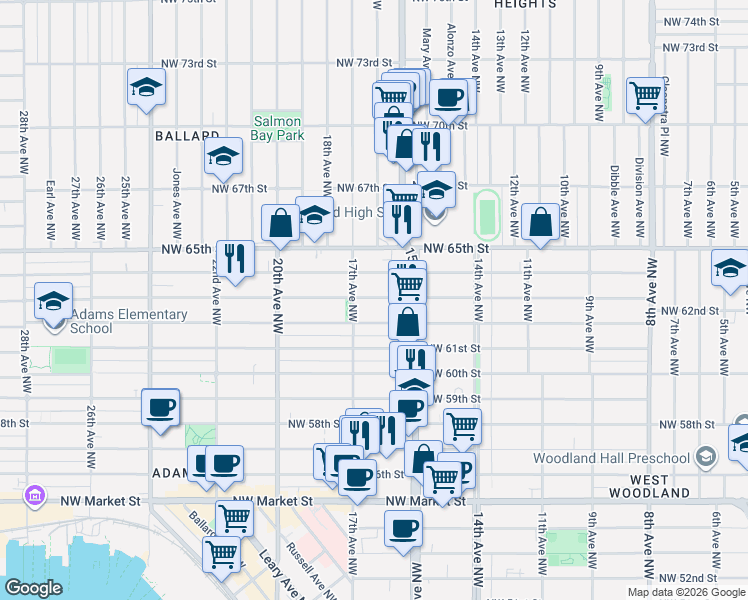 map of restaurants, bars, coffee shops, grocery stores, and more near 1531b Northwest 63rd Street in Seattle