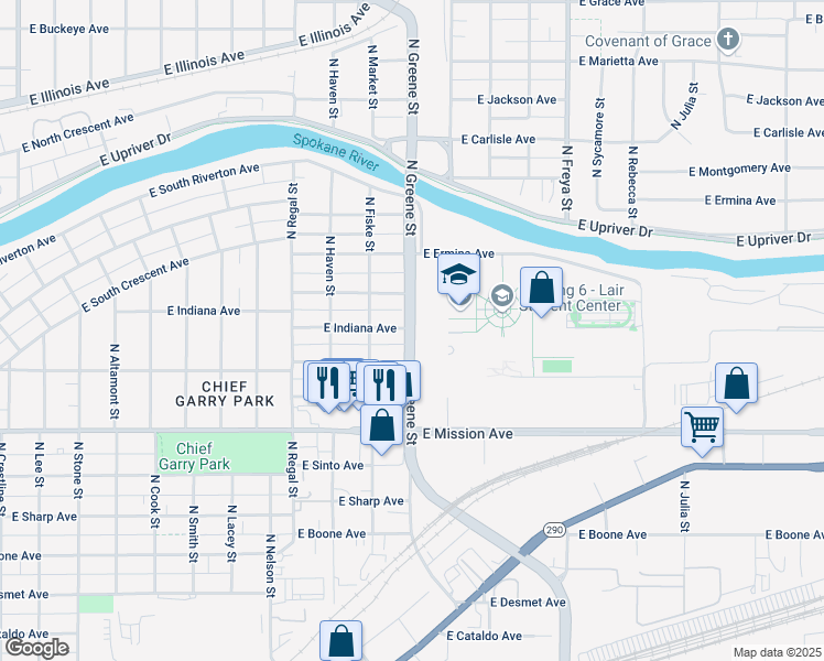 map of restaurants, bars, coffee shops, grocery stores, and more near 1792 North Greene Street in Spokane
