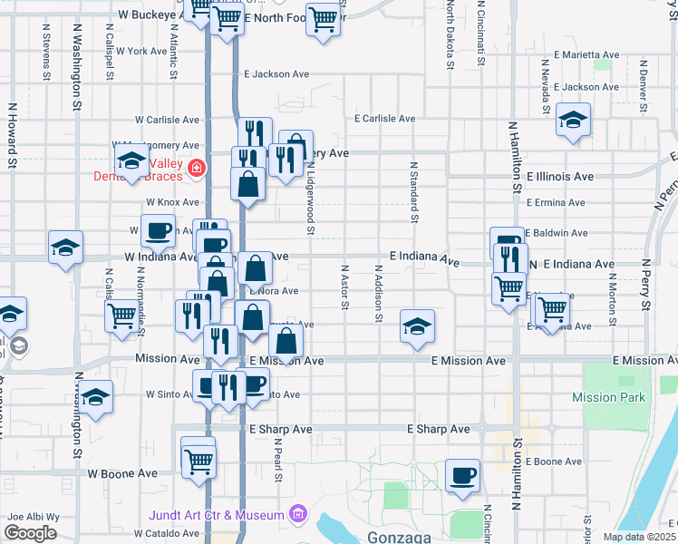 map of restaurants, bars, coffee shops, grocery stores, and more near 1817 North Astor Street in Spokane