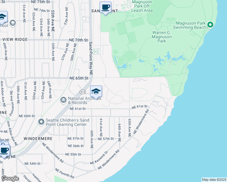 map of restaurants, bars, coffee shops, grocery stores, and more near 6367 Northeast Radford Drive in Seattle