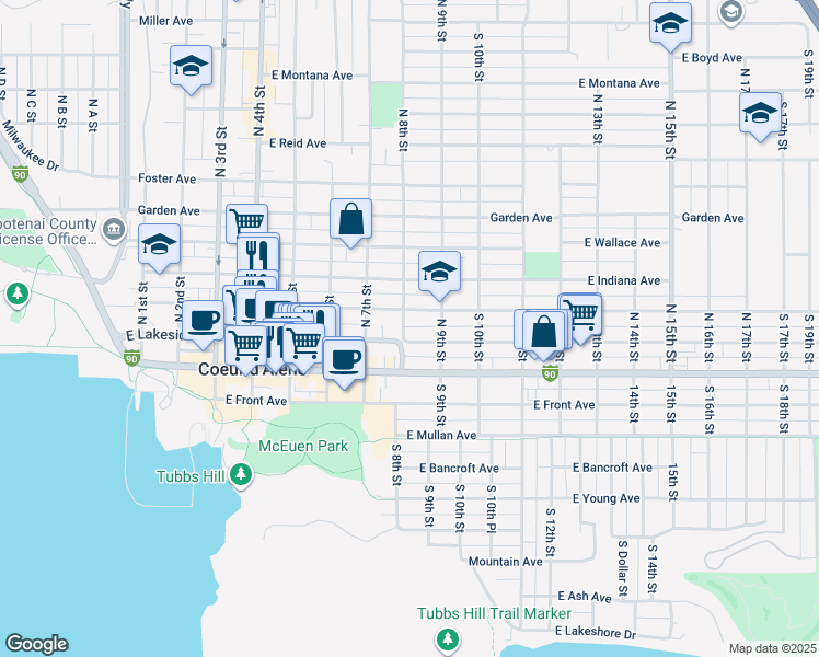 map of restaurants, bars, coffee shops, grocery stores, and more near 208 North 8th Street in Coeur d'Alene