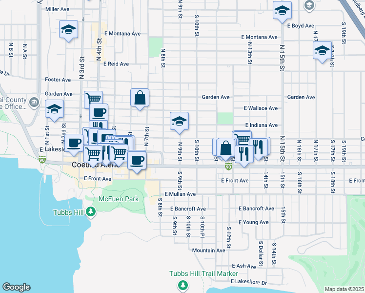 map of restaurants, bars, coffee shops, grocery stores, and more near 218 North 9th Street in Coeur d'Alene