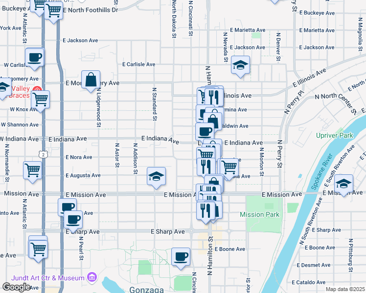 map of restaurants, bars, coffee shops, grocery stores, and more near 718 East Indiana Avenue in Spokane