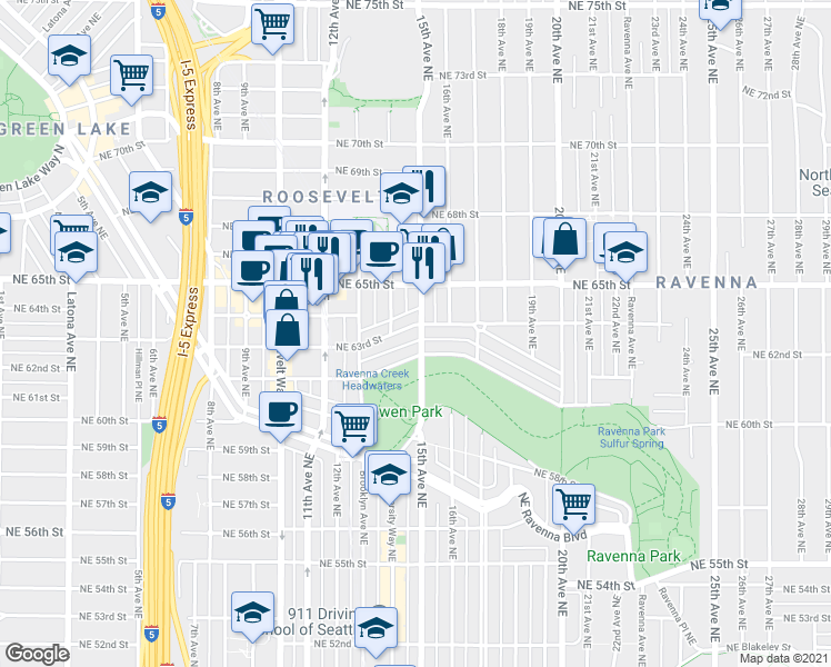 map of restaurants, bars, coffee shops, grocery stores, and more near 1423 NE 63rd St in Seattle