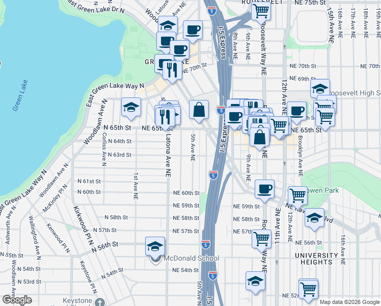map of restaurants, bars, coffee shops, grocery stores, and more near 416 Northeast 63rd Street in Seattle