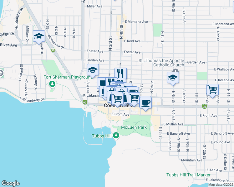 map of restaurants, bars, coffee shops, grocery stores, and more near 205 North 4th Street in Coeur d'Alene