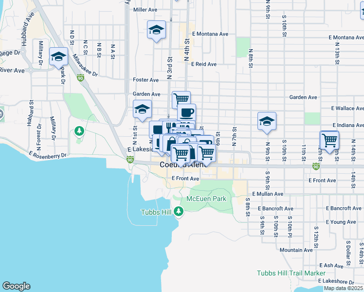 map of restaurants, bars, coffee shops, grocery stores, and more near 205 North 4th Street in Coeur d'Alene