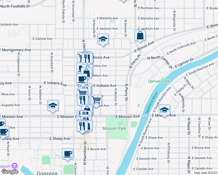 map of restaurants, bars, coffee shops, grocery stores, and more near 1104 East Indiana Avenue in Spokane