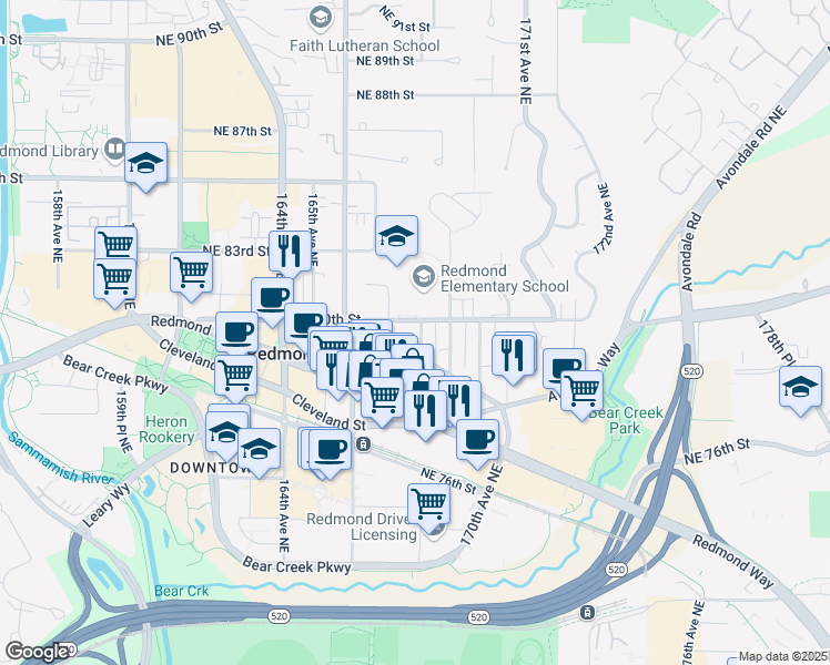 map of restaurants, bars, coffee shops, grocery stores, and more near 7961 168th Avenue Northeast in Redmond