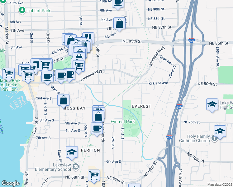 map of restaurants, bars, coffee shops, grocery stores, and more near 805 Kirkland Avenue in Kirkland