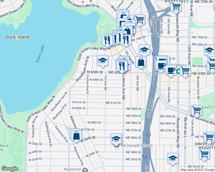map of restaurants, bars, coffee shops, grocery stores, and more near 102 Northeast 63rd Street in Seattle