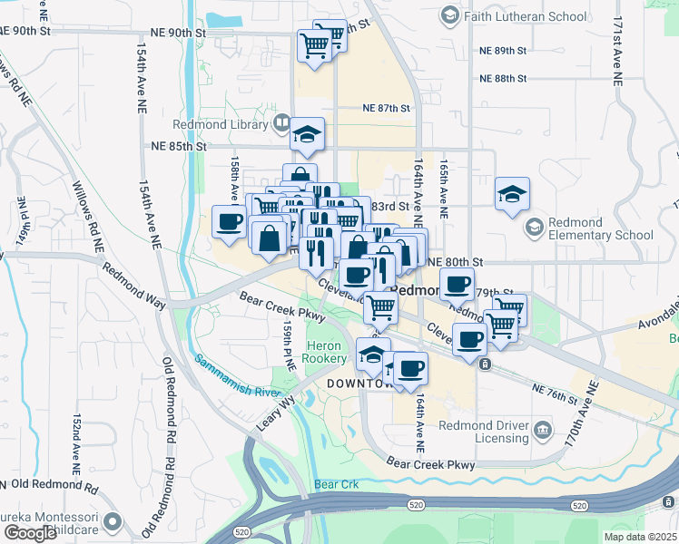 map of restaurants, bars, coffee shops, grocery stores, and more near 16119 Redmond Way in Redmond