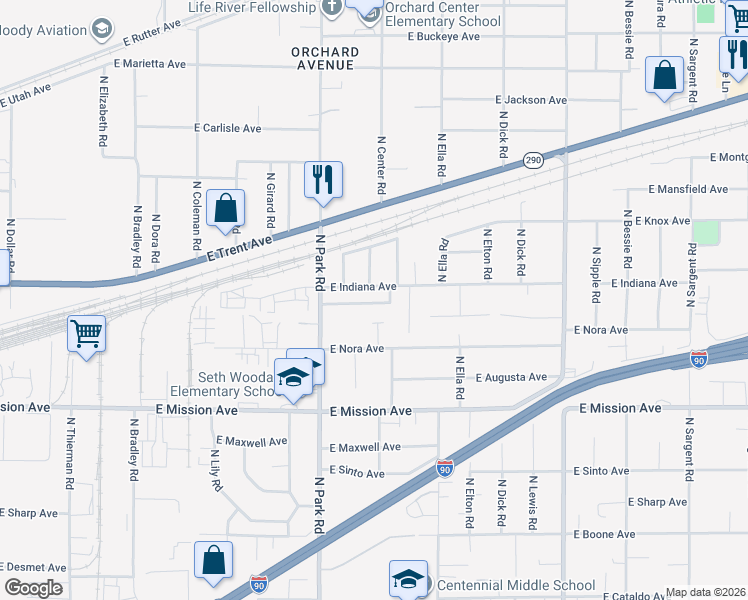 map of restaurants, bars, coffee shops, grocery stores, and more near 7615 East Baldwin Avenue in Spokane Valley