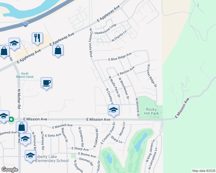 map of restaurants, bars, coffee shops, grocery stores, and more near 1980 North Country Vista Boulevard in Liberty Lake