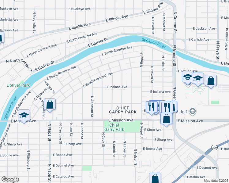 map of restaurants, bars, coffee shops, grocery stores, and more near 1738 North Smith Street in Spokane
