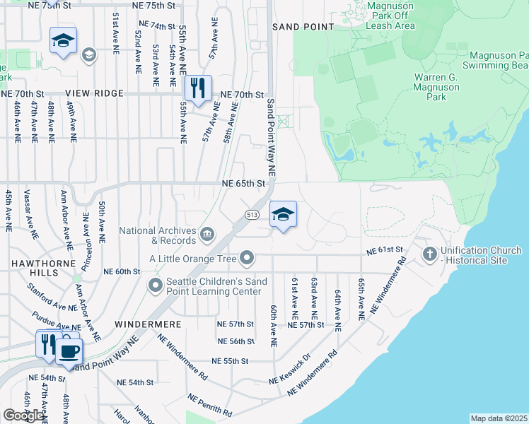 map of restaurants, bars, coffee shops, grocery stores, and more near 6300 Sand Point Way Northeast in Seattle