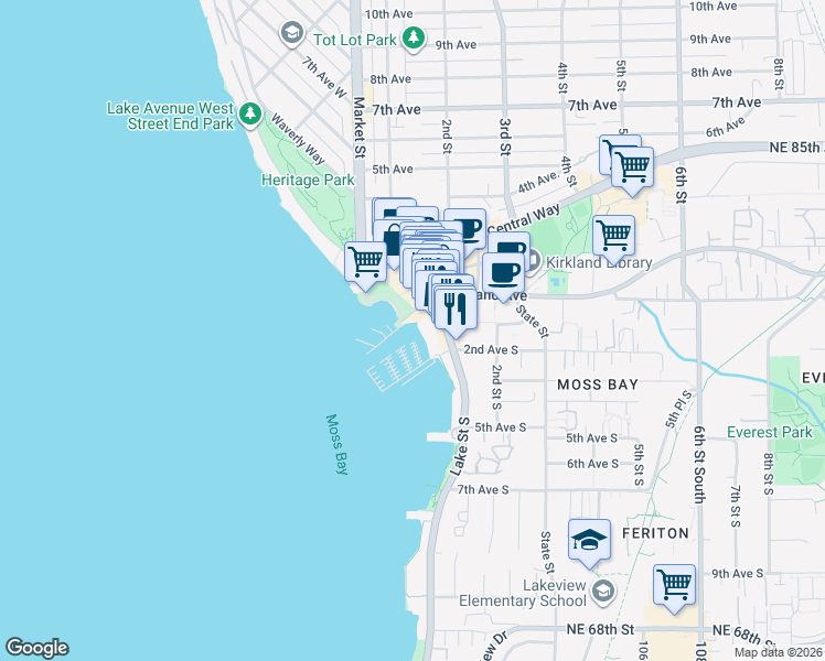 map of restaurants, bars, coffee shops, grocery stores, and more near in Kirkland