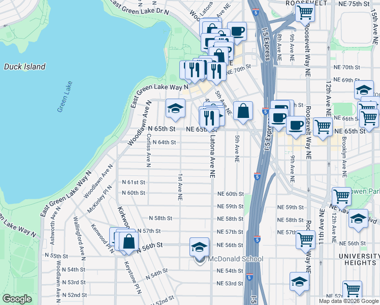 map of restaurants, bars, coffee shops, grocery stores, and more near 102 Northeast 63rd Street in Seattle