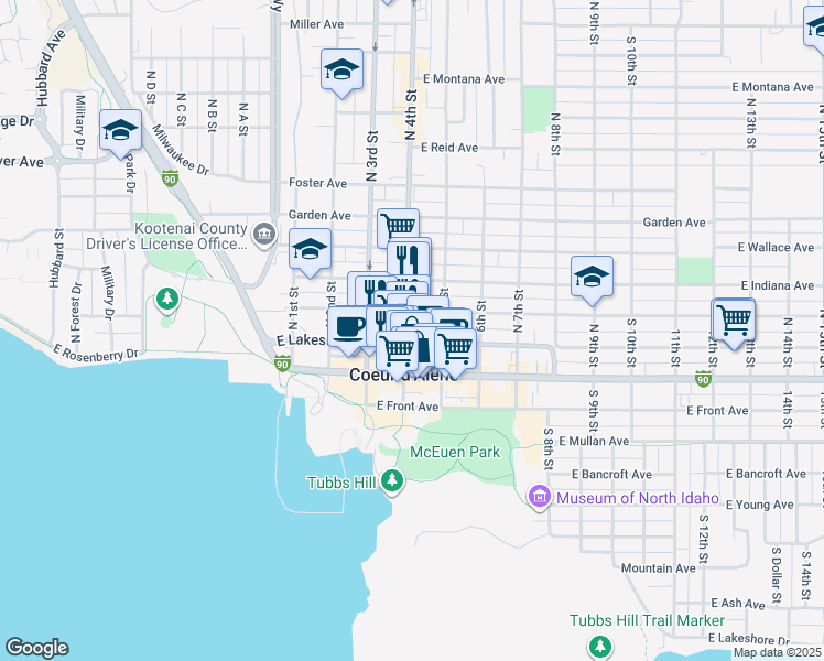 map of restaurants, bars, coffee shops, grocery stores, and more near 202 North 4th Street in Coeur d'Alene