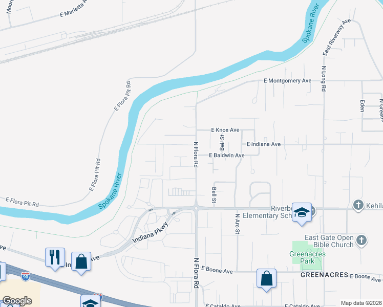 map of restaurants, bars, coffee shops, grocery stores, and more near 17025 East Deschutes Lane in Spokane Valley