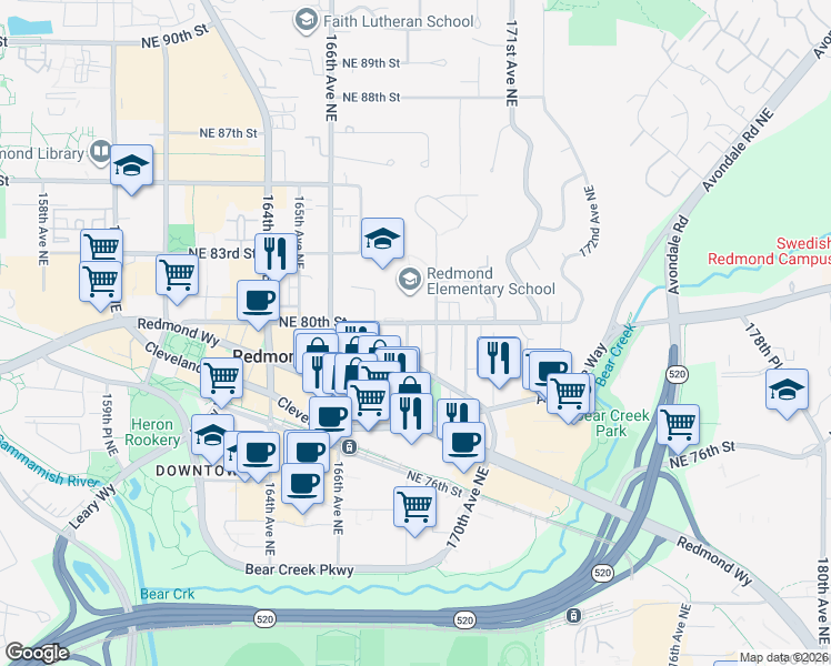 map of restaurants, bars, coffee shops, grocery stores, and more near 7961 168th Avenue Northeast in Redmond