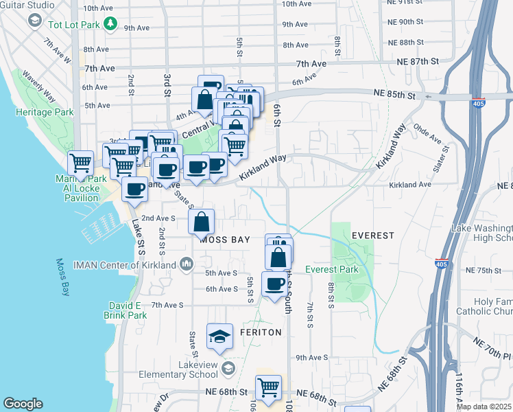 map of restaurants, bars, coffee shops, grocery stores, and more near 460 2nd Avenue in Kirkland