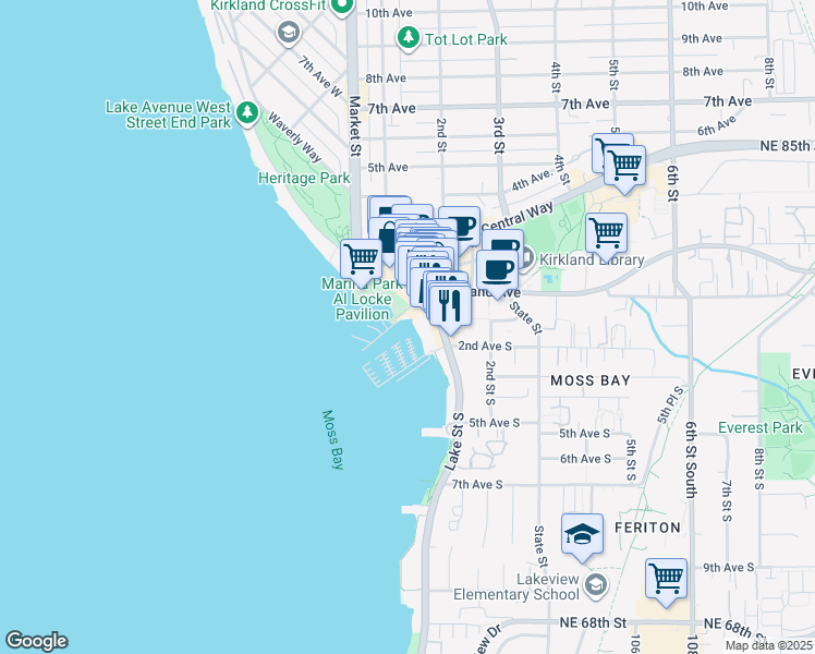 map of restaurants, bars, coffee shops, grocery stores, and more near in Kirkland