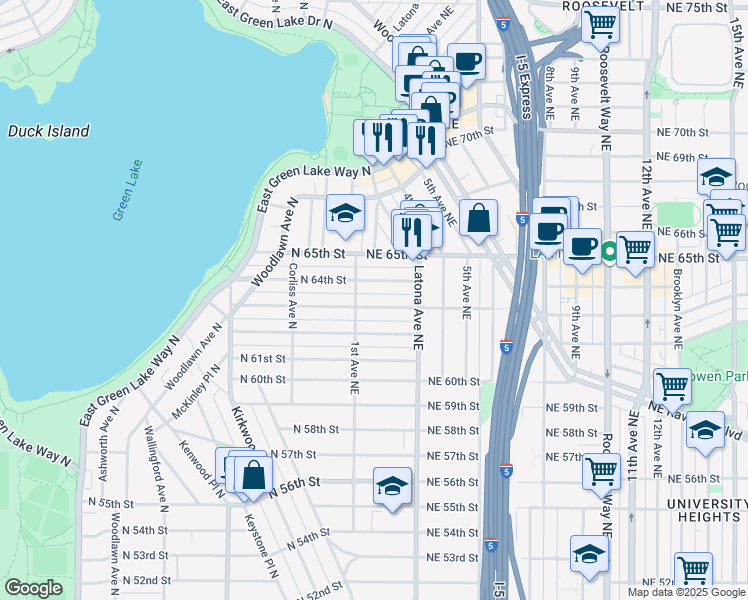 map of restaurants, bars, coffee shops, grocery stores, and more near 102 Northeast 63rd Street in Seattle